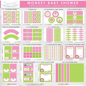 Monkey Girl Theme LARGE Baby Shower Party Package | Pink & Green | Personalized | Printable DIY Digital File