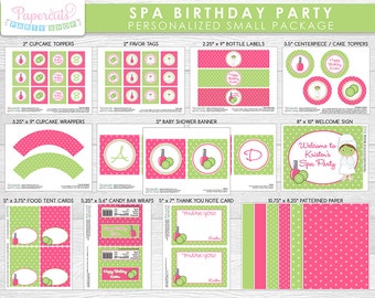 Spa Theme SMALL Birthday Party Package | Pink & Green | Personalized | Printable DIY Digital Files