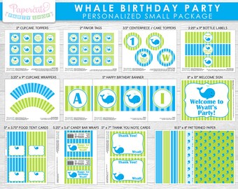 Whale Theme SMALL Birthday Party Package | Blue & Green | Personalized | Printable DIY Digital Files