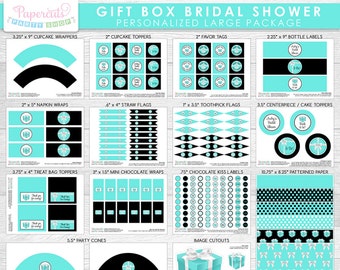 Gift Box Theme LARGE Bridal Shower Party Package | Turquoise & Black | Personalized | Printable DIY Digital File