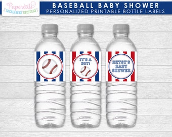 Baseball Theme Baby Shower Water Bottle Labels | Blue & Red | Personalized | Printable DIY Digital File