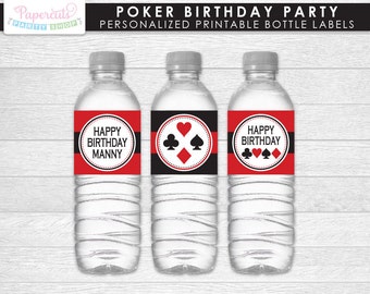 Casino Night Poker Theme Birthday Party Water Bottle Labels | Red & Black | Personalized | Printable DIY Digital File