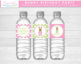 Bunny Rabbit Girl Theme Birthday Party Water Bottle Labels | Pink & Green | Personalized | Printable DIY Digital File