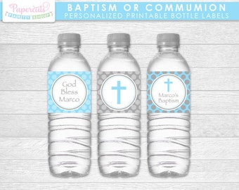 Baptism or First Holy Communion Water Bottle Labels | Blue & Grey | Personalized | Printable DIY Digital File