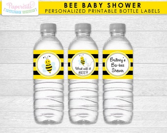 Busy Honey Bumble Bee / What Will it BEE Theme Baby Shower Water Bottle Labels | Black & Yellow | Personalized | Printable DIY Digital File