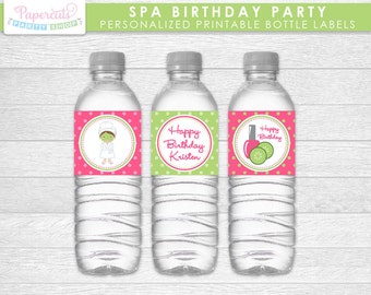 Spa Theme Birthday Party Water Bottle Labels | Pink & Green | Personalized | Printable DIY Digital File