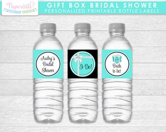 Gift Box Theme Bridal Shower Water Bottle Labels | Turquoise & Black | Personalized | Printable DIY Digital File