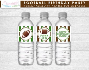 Football Theme Birthday Party Water Bottle Labels | Green & Brown | Personalized | Printable DIY Digital File