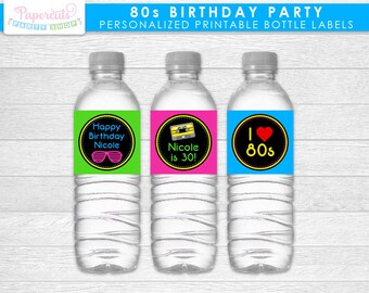 Totally 80s Theme Birthday Party Water Bottle Labels | Neon Green Pink Blue & Yellow | Personalized | Printable DIY Digital Files