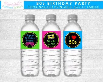 完全に 80 年代をテーマにした誕生日パーティーのウォーターボトル ラベル | ネオン グリーン ピンク ブルー & イエロー | パーソナライズ | 印刷可能な DIY デジタル ファイル