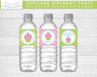 Cupcake Theme Birthday Party Water Bottle Labels | Green & Pink | Personalized | Printable DIY Digital File