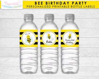 Busy Honey Bumble Bee Theme Birthday Party Water Bottle Labels | Black & Yellow | Personalized | Printable DIY Digital File