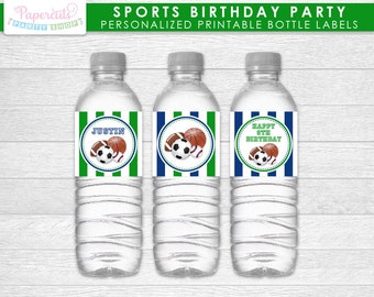 All Star Sports Theme Birthday Party Water Bottle Labels | Green & Blue | Personalized | Printable DIY Digital File