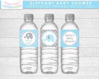 Elephant Theme Baby Shower Étiquettes de bouteille d’eau | | bleu et gris | personnalisés Fichier numérique DE bricolage imprimable