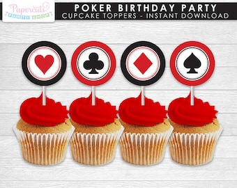 Casino Night Poker Theme Cupcake Toppers | Red & Black | Printable DIY Digital File | INSTANT DOWNLOAD