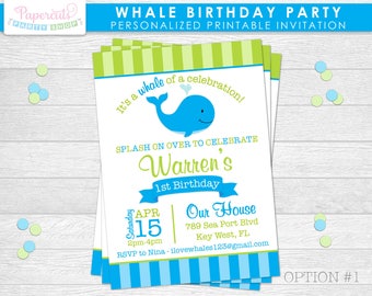 Whale Theme Birthday Party Invitation | Blue & Green | Personalized | Printable DIY Digital File