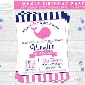 Wal Thema Geburtstagsparty Einladung | Rosa & Marine | Personalisierte | Druckbare DIY digitale Datei