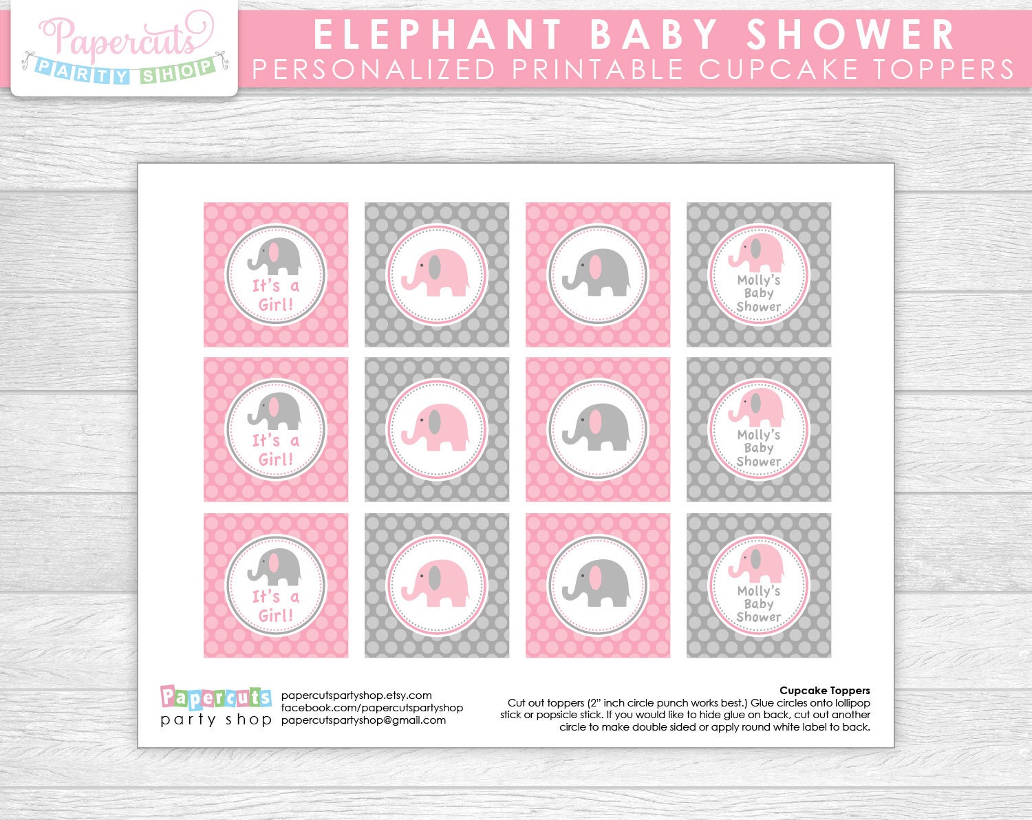 elephant-theme-baby-shower-cupcake-toppers-pink-grey-personalized-printable-diy-digital-file-etsy