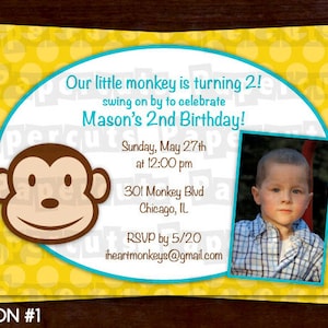 Invitación a la fiesta de cumpleaños temática de Monkey Boy / Yellow & Teal / Archivo digital personalizado / imprimible DIY