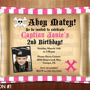 Pirate Thema Verjaardag Sautie Uitnodiging | Roze & Zwart | Gepersonaliseerd | Afdrukbaar diy digitaal bestand