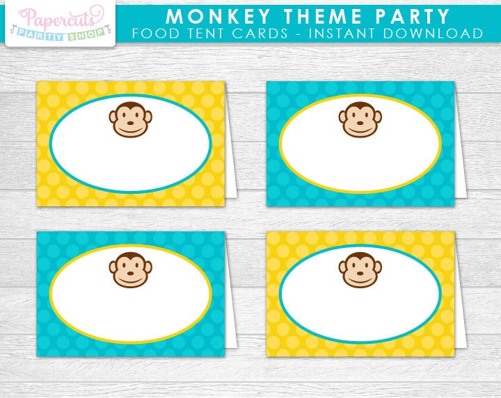 Monkey Boy Theme Party Blank Food Tent Cards | Yellow & Teal | Printable DIY Digital File | INSTANT DOWNLOAD