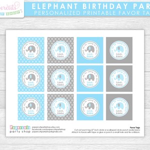 Elephant Theme Birthday Party Favor Tags Blue & Grey Personalized Printable DIY Digital File image 2