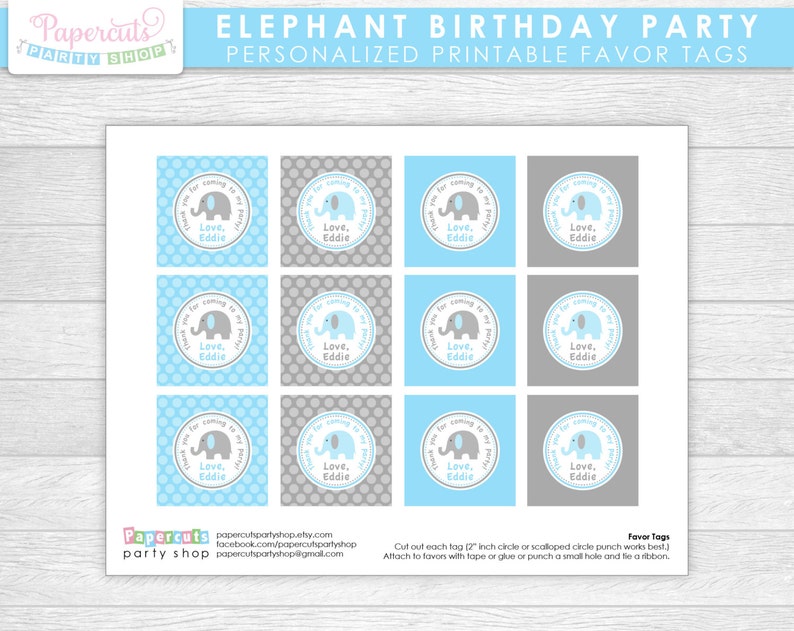 Elephant Theme Birthday Party Favor Tags Blue & Grey Personalized Printable DIY Digital File image 2