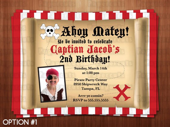 Pirate Theme Birthday Party Invitation Red & Black Personalized