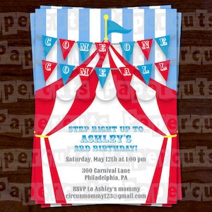 Invitation de fête d’anniversaire de thème de cirque / Carnaval Bleu et rouge Personnalisés Fichier numérique DIY imprimable