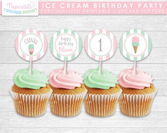 Ice Cream Theme Happy Birthday Party Cupcake Toppers | Pink & Green | Personalized | Printable DIY Digital File