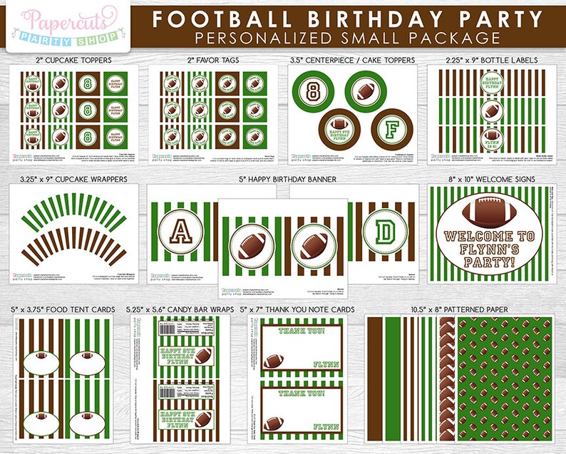 Football Theme SMALL Birthday Party Package Green & Brown Personalized Printable DIY Digital Files image 1