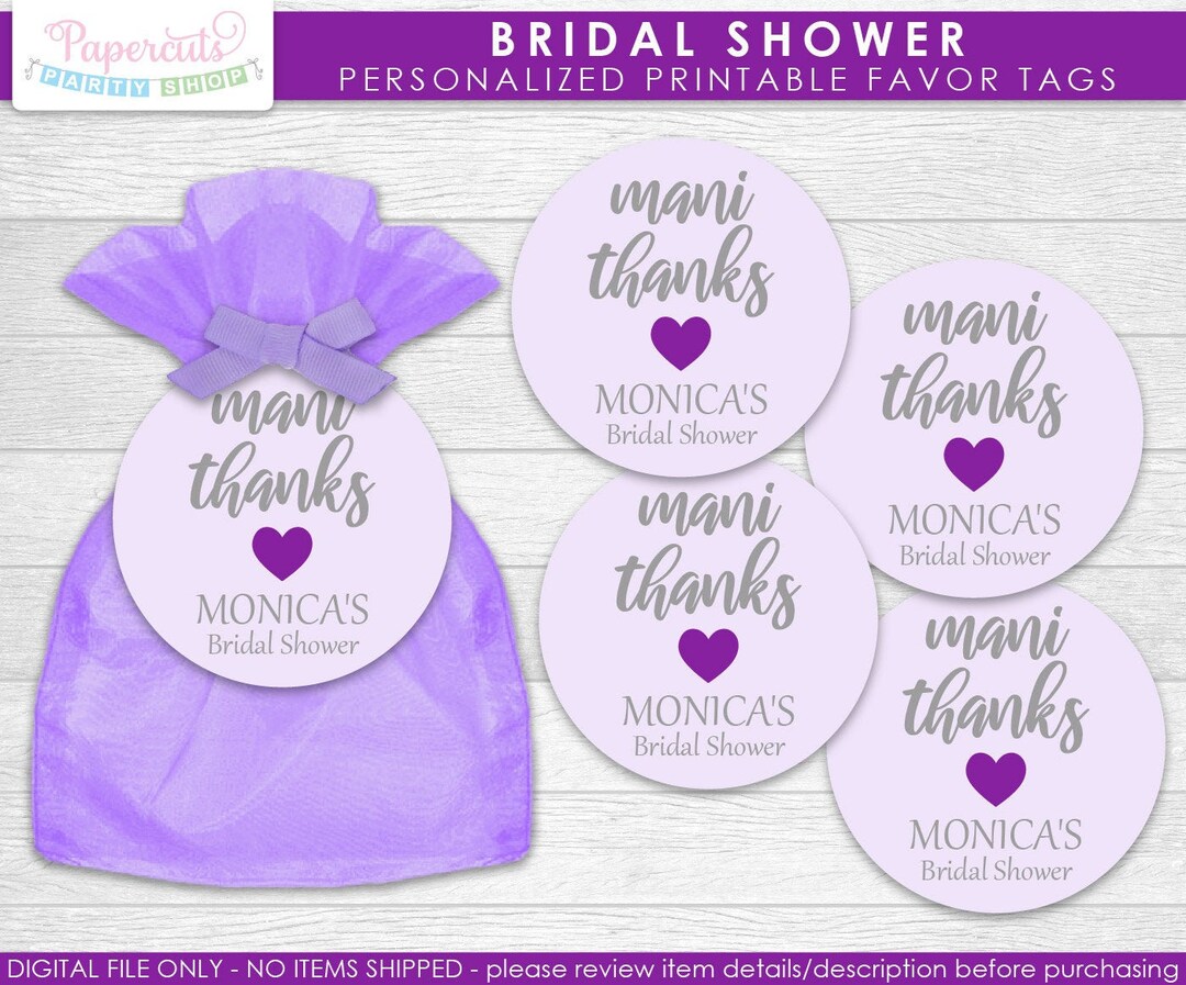 Mani Thanks Bridal Shower Favor Tags Purple &amp; Grey Personalized ...