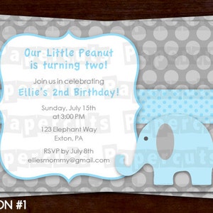 Convite de aniversário do tema do elefante | Azul e cinza | Personalizado | Arquivo digital DIY para impressão