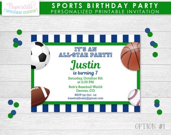 All Star Sports Theme Birthday Party Invitation | Green & Blue | Personalized | Printable DIY Digital File