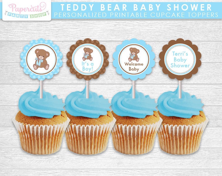 Teddy Bear Theme Baby Shower Cupcake Toppers Blue Brown It s a