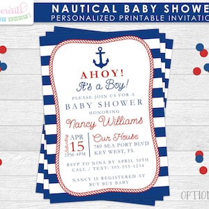 Nautisch thema Baby Shower Party Uitnodiging | Blauw & Rood | Ahoy It's a Boy | Gepersonaliseerd | Afdrukbaar diy digitaal bestand