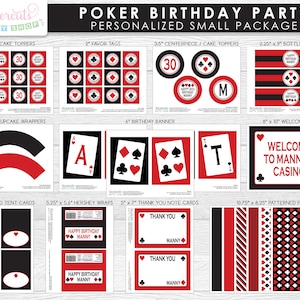 カジノナイトポーカーテーマの小さな誕生日パーティーパッケージ | 赤と黒 | パーソナライズ | 印刷可能な DIY デジタルファイル