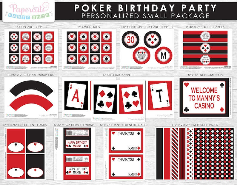 Casino Night Poker Theme SMALL Birthday Party Package Red & Black Personalized Printable DIY Digital File image 1