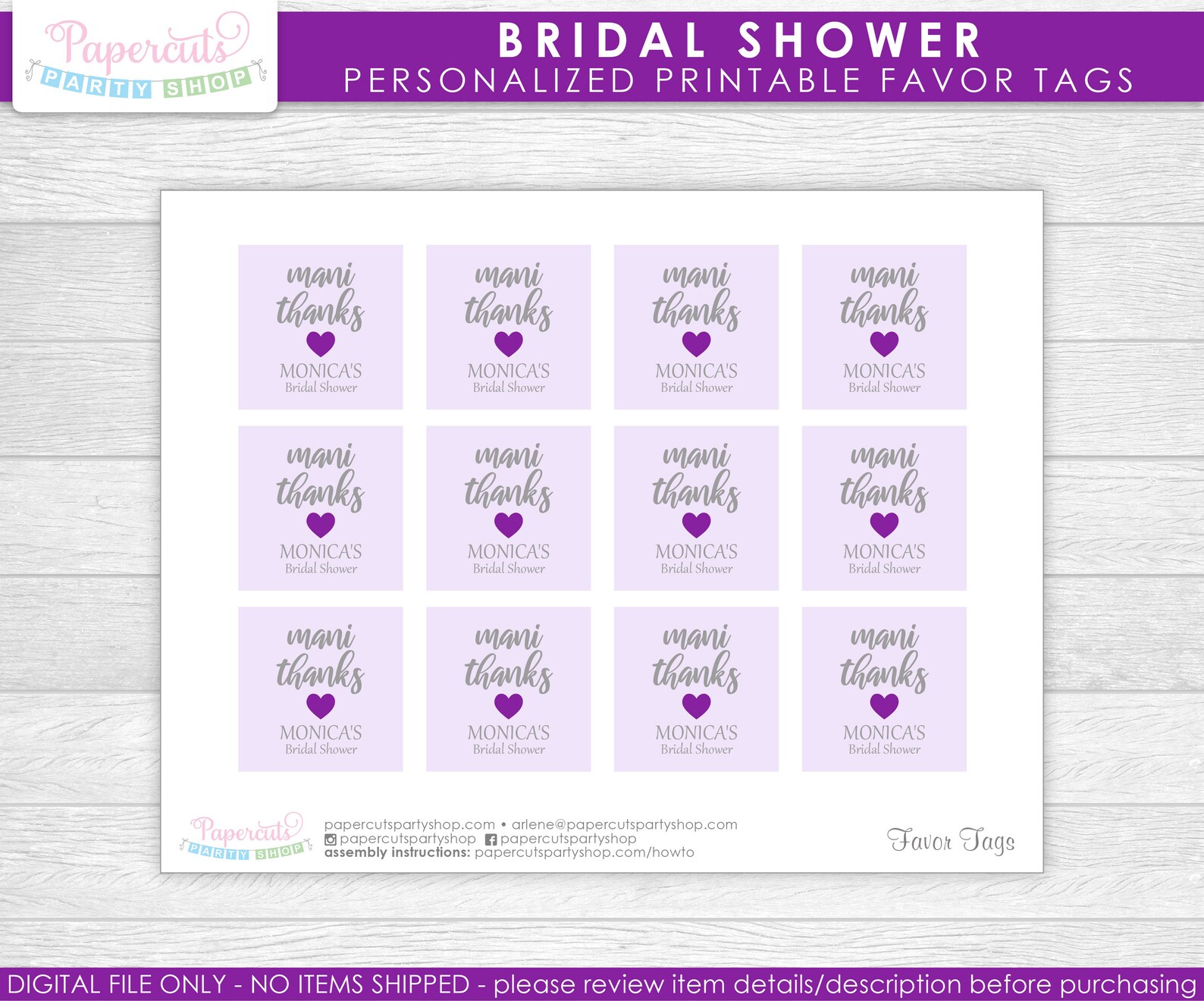 Mani Thanks Bridal Shower Favor Tags Purple &amp; Grey | Etsy