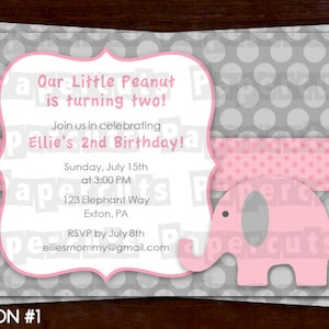Elefant Thema Geburtstagsparty Einladung | Rosa & Grau | Personalisierte | Druckbare DIY digitale Datei