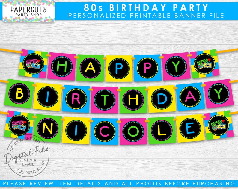 Totally 80s Theme Happy Birthday Party Banner Neon Green Pink Blue & Yellow Personalized Printable DIY Digital Files image 1