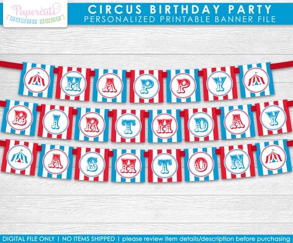 Circus / Carnival Theme Birthday Party Banner | Blue & Red | Personalized | Printable DIY Digital File Il_570xn