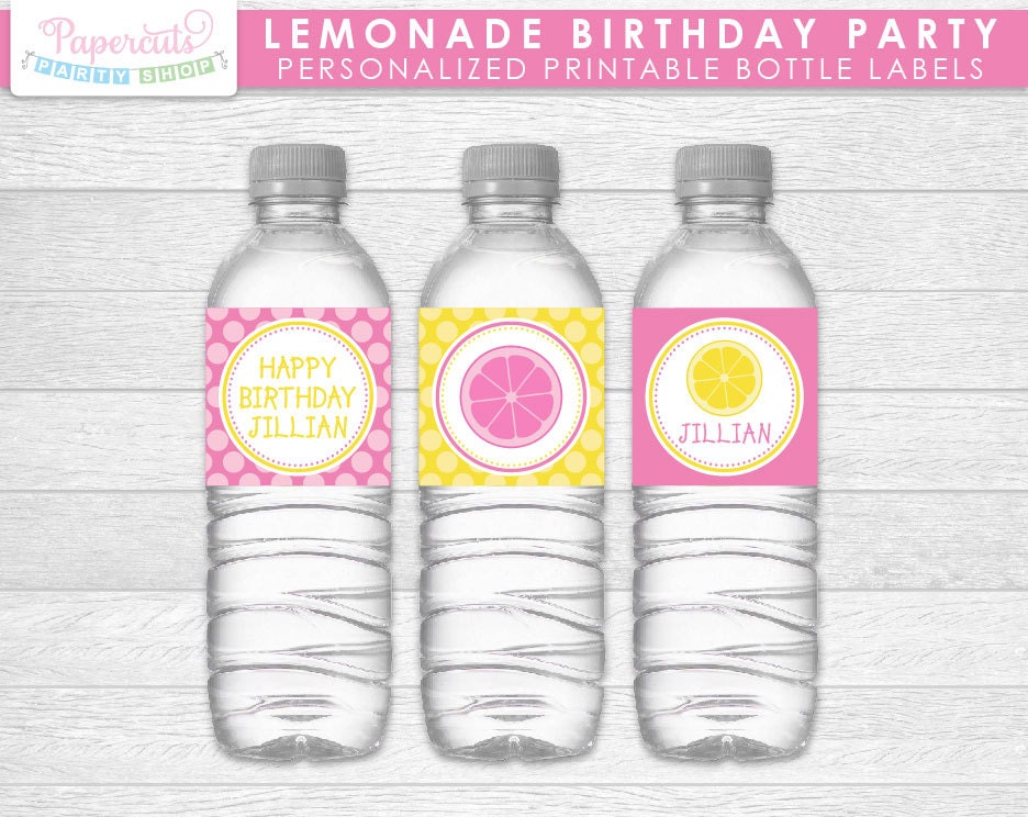 Lemonade Theme Birthday Party Water Bottle Labels | Yellow & Pink | Personalized | Printable DIY Digital File