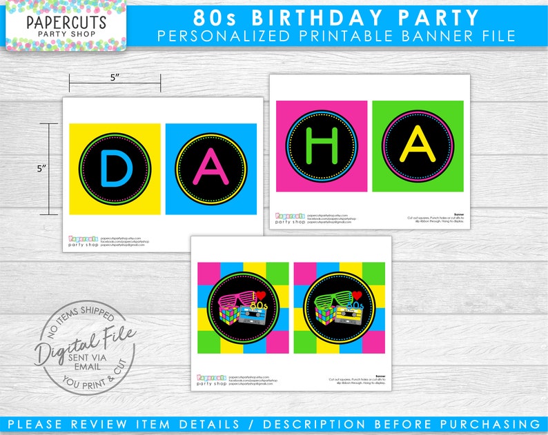 Totally 80s Theme Happy Birthday Party Banner Neon Green Pink Blue & Yellow Personalized Printable DIY Digital Files image 2