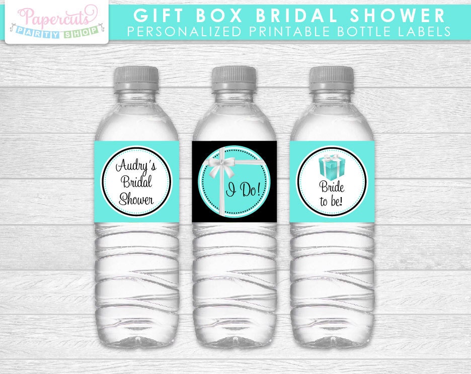 Gift Box Theme Bridal Shower Water Bottle Labels | Turquoise & Black | Personalized | Printable DIY Digital File