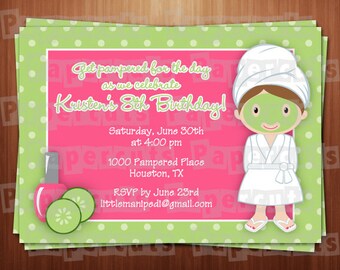 Spa Theme Birthday Party Invitation | Pink & Green | Personalized | Printable DIY Digital File