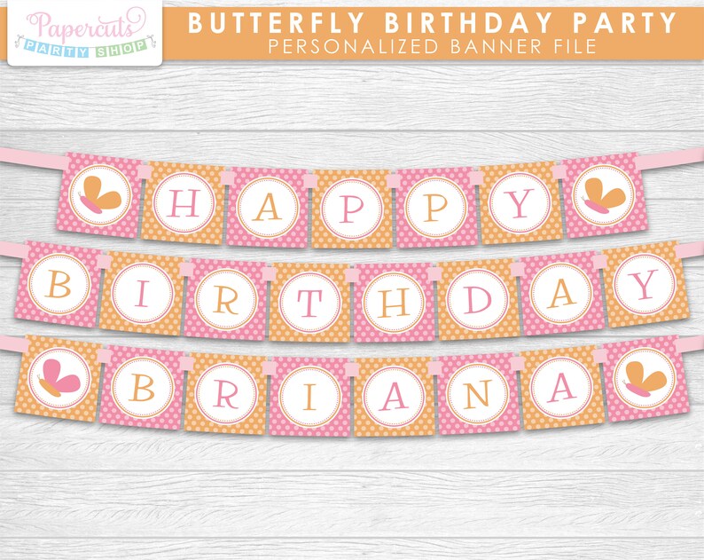 Butterfly Theme LARGE Happy Birthday Party Package Pink & Orange Personalized Printable DIY Digital File image 2