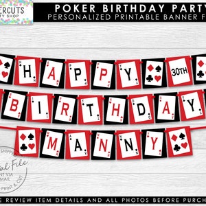Casino Night Poker Thema Happy Birthday Party Banner | Rot & Schwarz | Personalisierte | Druckbare DIY Digitale Datei