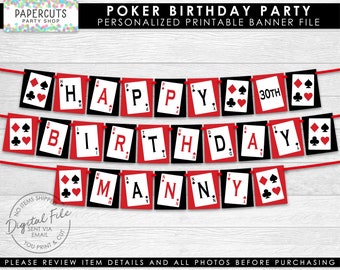 Casino Night Poker Theme Happy Birthday Party Banner | Red & Black | Personalized | Printable DIY Digital File