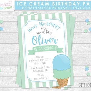 Ice Cream Thema Happy Birthday Party Uitnodiging | Blauw & Groen | Gepersonaliseerd | Afdrukbaar diy digitaal bestand